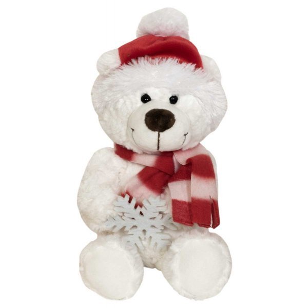 Χριστουγεννιάτικο Λούτρινο Αρκουδάκι Λευκό, με Κόκκινο Κασκόλ και Σκούφο (20cm)